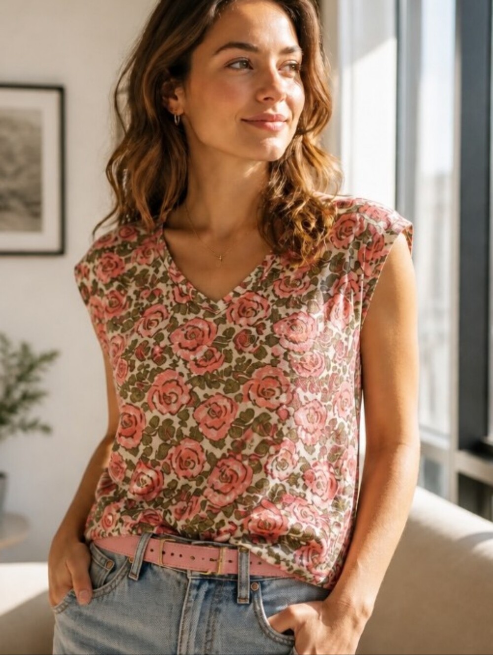 BiBi Pink Floral V-Neck Tank Top with Olive Details